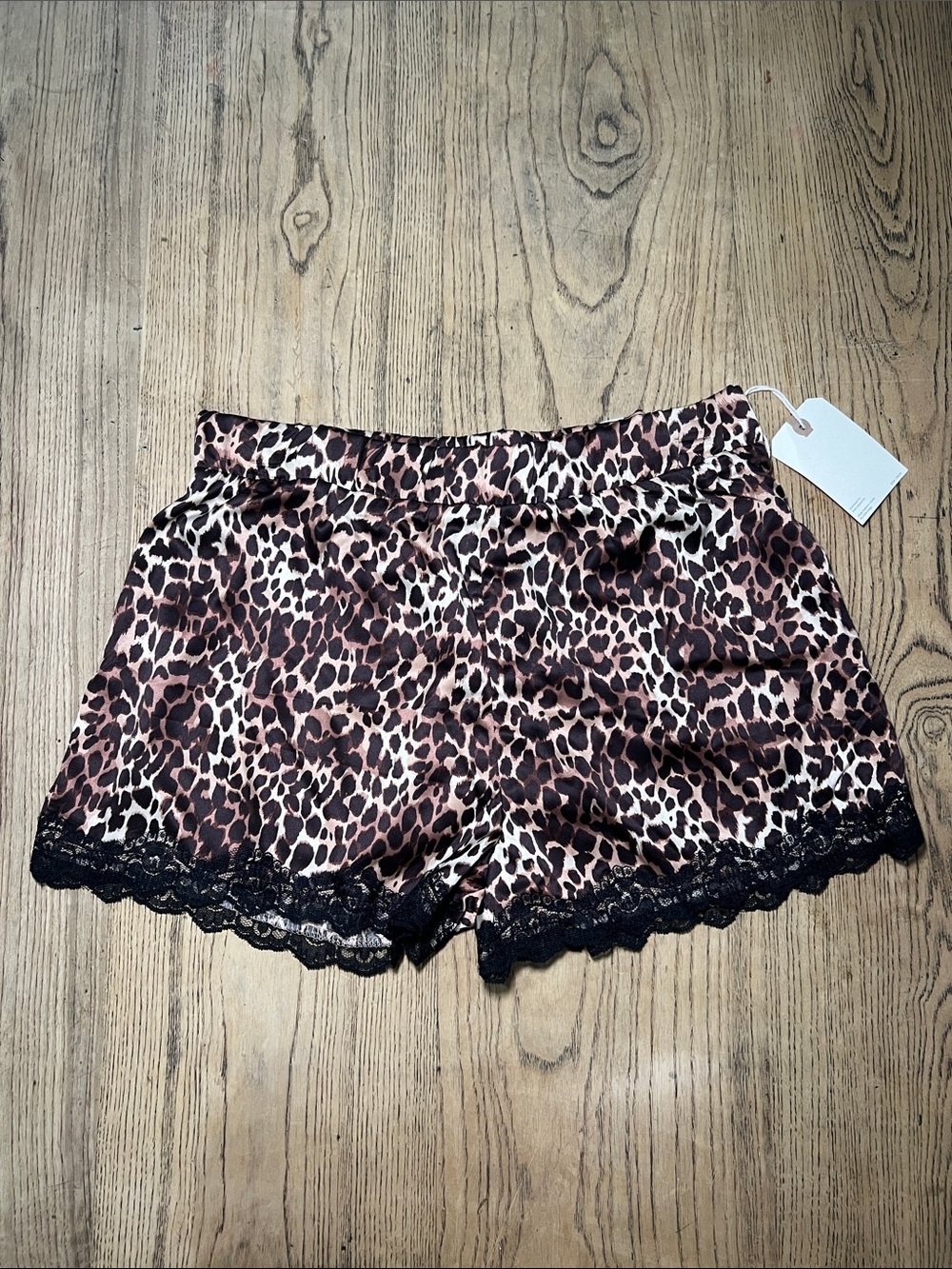 Leopard Satin Silky Sidt Lace Trim Shorts - Brown Leopard Animal Print Small